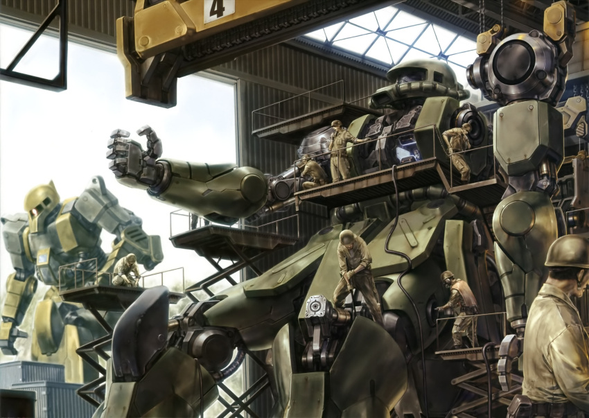 engineer, gundam, hangar, helmet, highres, mecha, mobile_suit_gundam, realistic