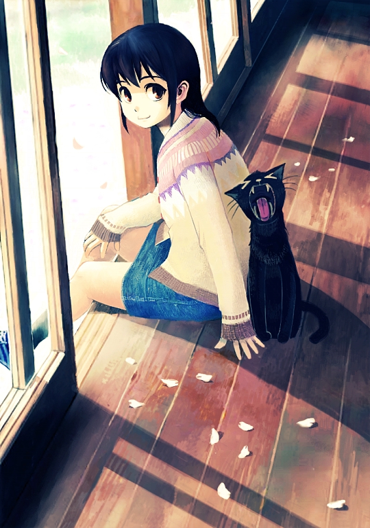 >_<, arm_support, black_cat, black_hair, brown_eyes, cardigan, cat, denim_skirt, kimura_(pixiv178485), muted_color, original, petals, shadow, sitting, skirt, smile, wooden_floor, yawning