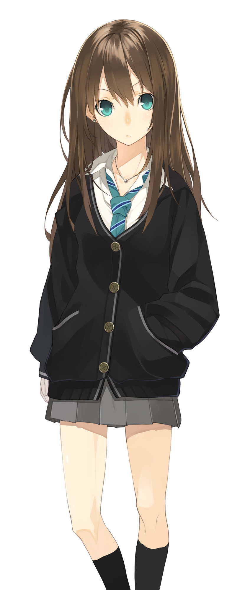 aqua_eyes, brown_hair, cardigan, earrings, hand_in_pocket, hands_in_pockets, highres, idolmaster