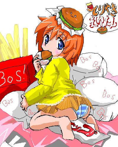 1girl, eating, food, hamburger, lowres, one_-_kagayaku_kisetsu_e, shiina_mayu, solo