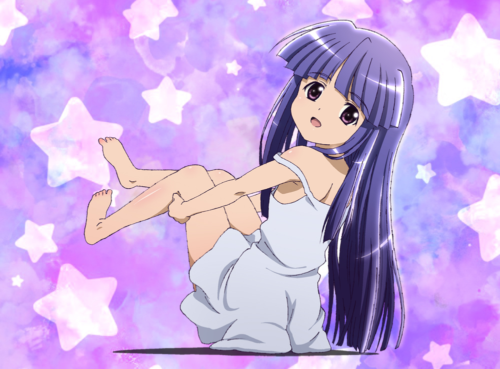 :o, armpits, bangs, bare_shoulders, barefoot, blue_hair, blunt_bangs, child