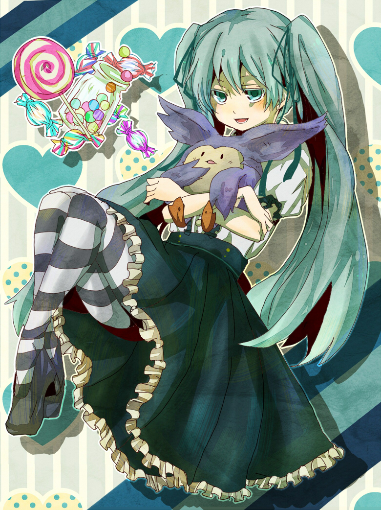 aqua_eyes, aqua_hair, candy, hatsune_miku, lollipop, long_hair, natsuki_km, open_mouth, pantyhose, skirt, solo, striped, striped_legwear, swirl_lollipop, twintails, vocaloid