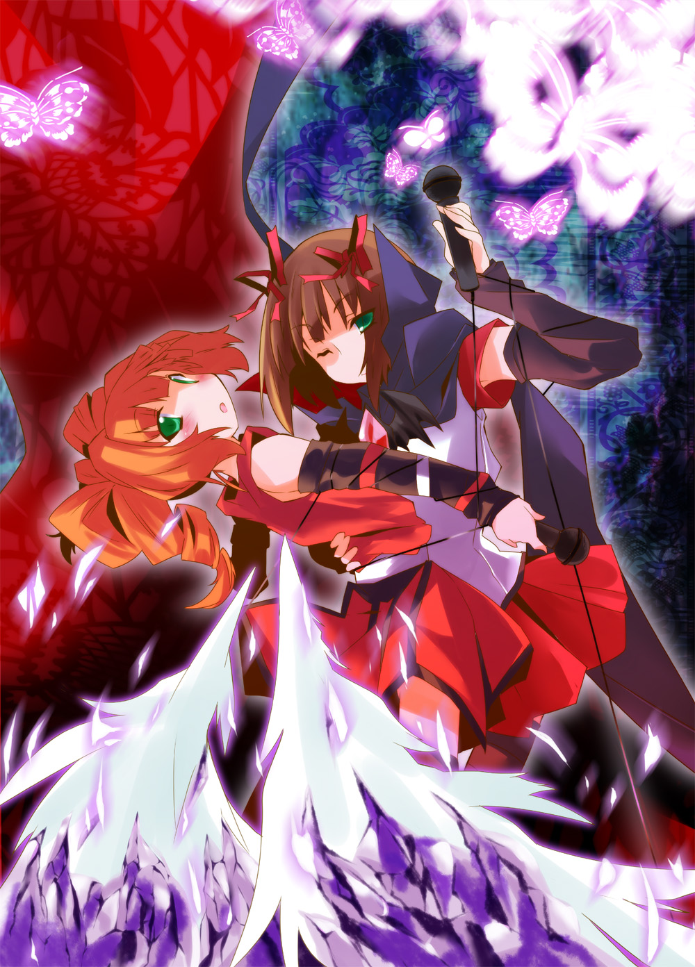 amami_haruka, bow, brown_hair, butterfly, cable, cape, dark_haruka, detached_sleeves