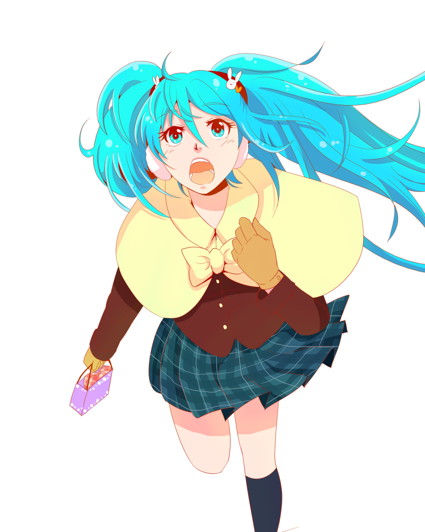 aqua_eyes, aqua_hair, bag, earmuffs, gloves, hatsune_miku, highres, kneehighs
