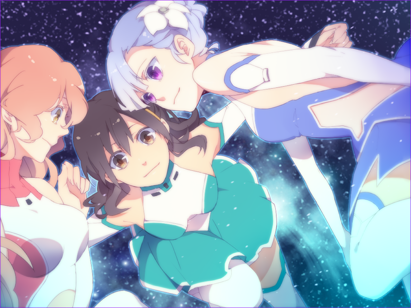 bare_shoulders, black_hair, blue_hair, bodysuit, brown_eyes, detached_sleeves, fin_e_ld_si_laffinty, flower