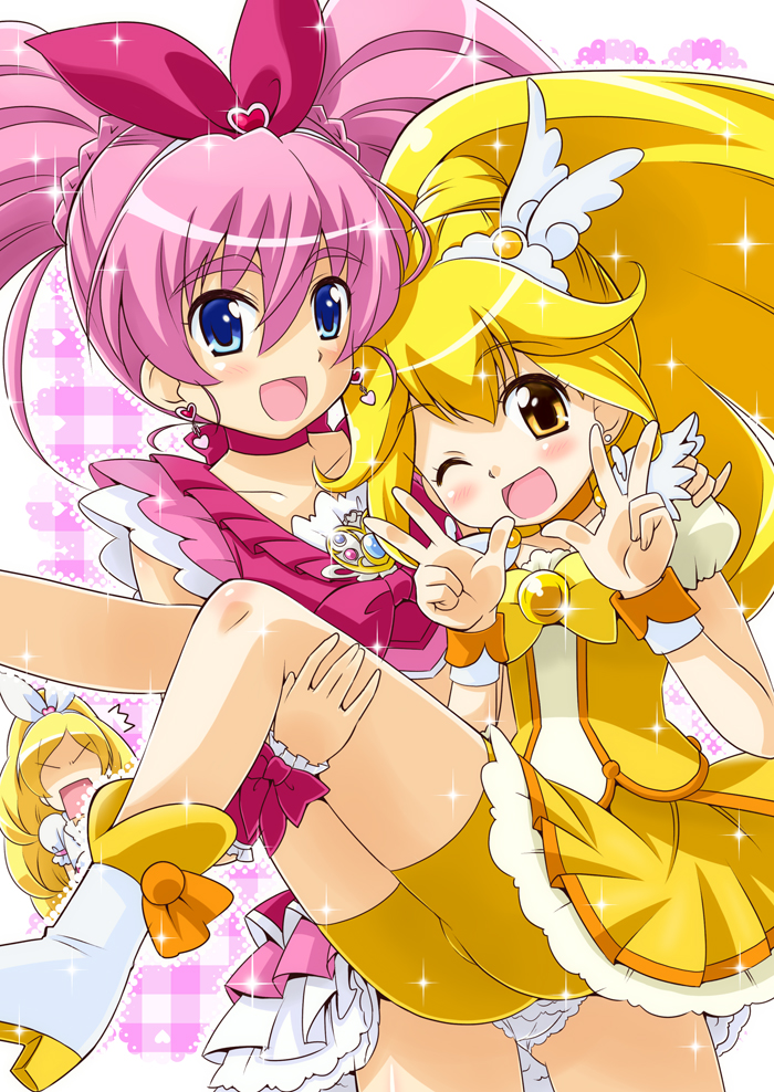 2girls, :d, ;d, bike_shorts, blonde_hair, blue_eyes, boots, brooch