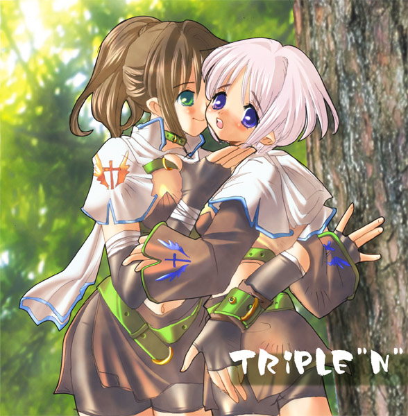acolyte, blush, brown_hair, cross, forest, green_eyes, nature, ponytail