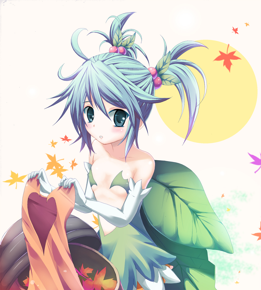 acorn, ahoge, aqua_eyes, aqua_hair, berries, blush, collarbone, dress, elbow_gloves, gloves, hair_bobbles, hair_ornament, konoha_(shinrabanshou), leaf, momyi, shinrabanshou, solo, twintails, wings