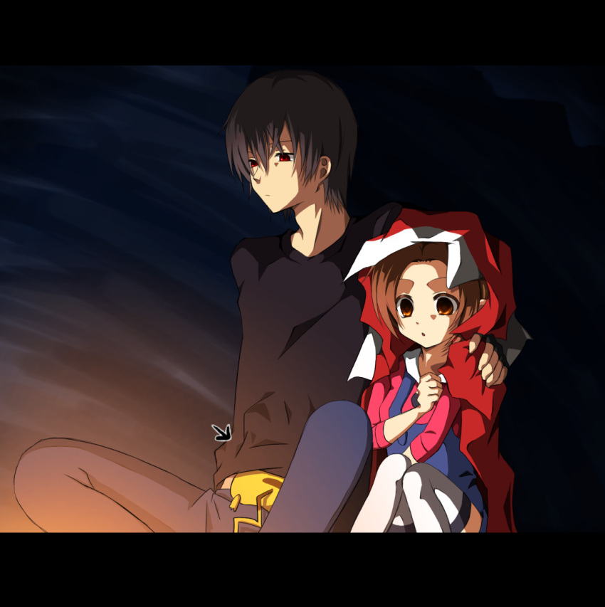 1boy, 1girl, brown_eyes, brown_hair, cave, couple, directional_arrow, hand_on_shoulder
