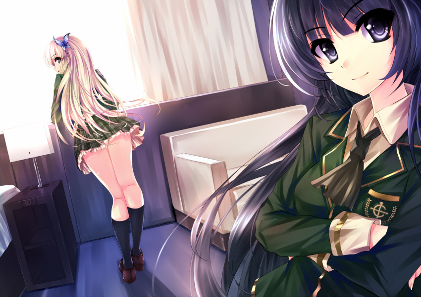aqua_eyes, ascot, bed, bed_sheet, black_eyes, black_hair, black_legwear, blonde_hair