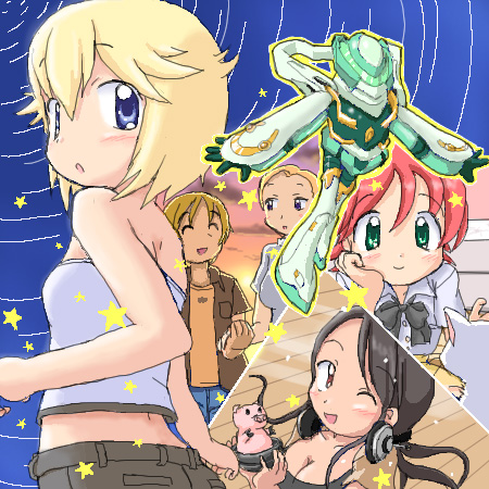 4girls, bare_shoulders, black_hair, blonde_hair, blue_eyes, breasts, cat, chin_rest