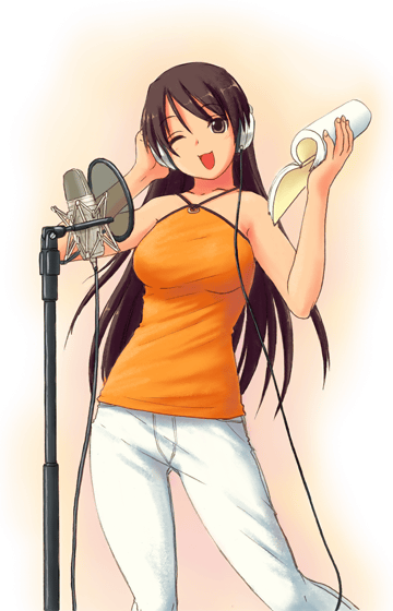 black_eyes, breasts, brown_hair, hand_on_ear, hand_on_headphones, headphones, large_breasts, microphone