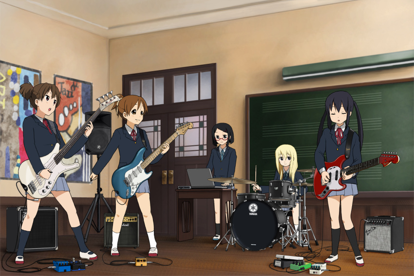 computer, drum, guitar, highres, hirasawa_ui, instrument, k-on!, laptop
