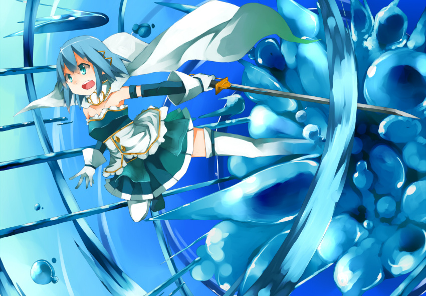 action, attack, blue_eyes, blue_hair, cape, detached_sleeves, gloves, hair_ornament