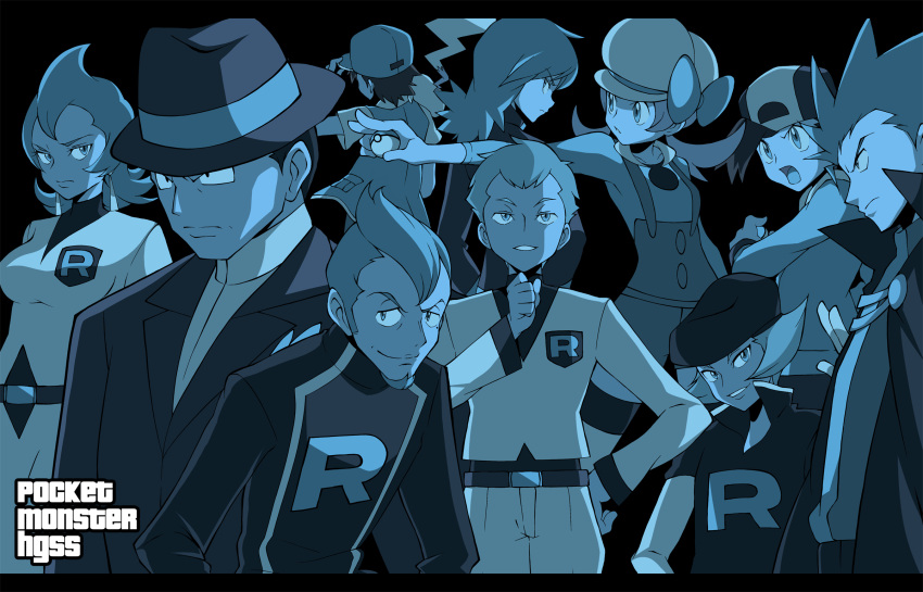 apollo_(pokemon), athena_(pokemon), baseball_cap, cabbie_hat, clothes_writing, earrings, facial_hair, formal