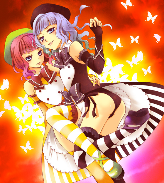 beads, beret, blue_hair, bow, crossdressing, detached_sleeves, elbow_gloves, fang, fingerless_gloves, furfur, gloves, hat, jewelry, mismatched_legwear, orange_hair, oujima_tamaki, thigh-highs, thighhighs, trap, umineko_no_naku_koro_ni, zepar