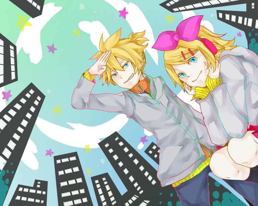 blonde_hair, blue_eyes, bow, city, headphones, kagamine_len, kagamine_rin, misono