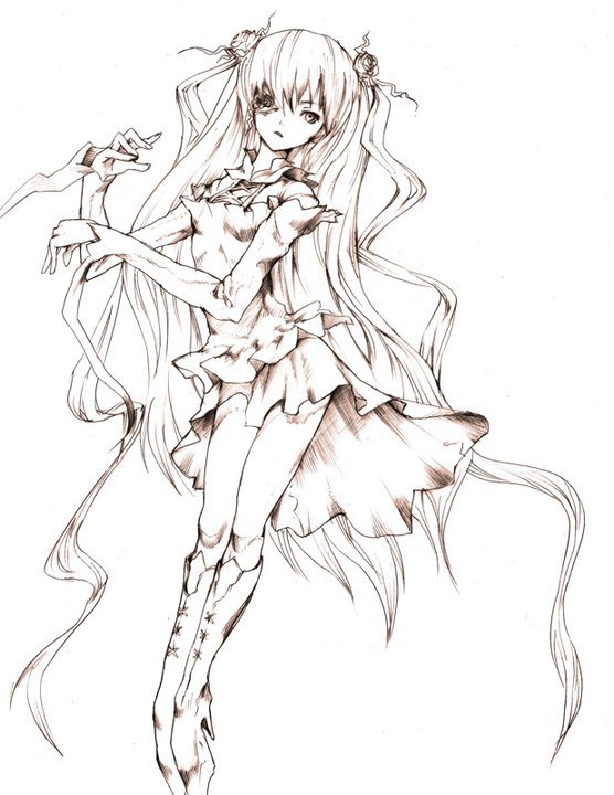 boots, detached_sleeves, eyepatch, kirakishou, lace_up_boots, lineart, original, redjuice, rose, rozen_maiden, sketch, twintails, very_long_hair