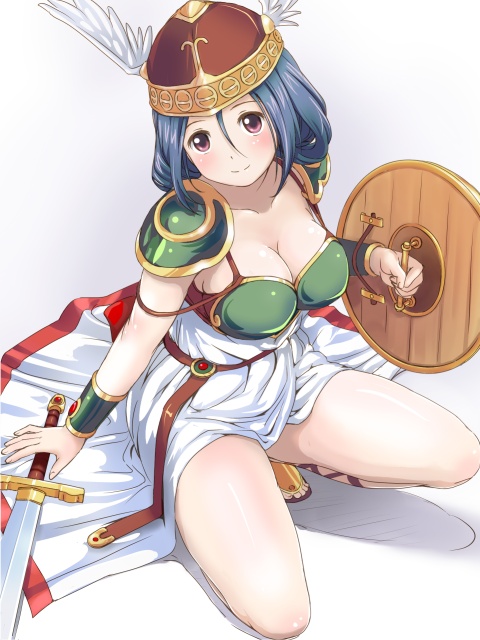 armor, armored_dress, blue_hair, breasts, cosplay, helmet, idolmaster, miura_azusa