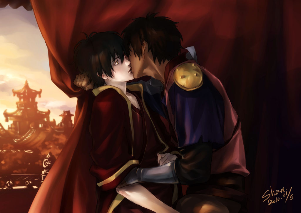2010, 2boys, avatar:_the_last_airbender, avatar_legends, black_hair, curtains, dark_skin, jet, jet_(avatar), kiss, male, multiple_boys, shan, yaoi, yellow_eyes, zuko