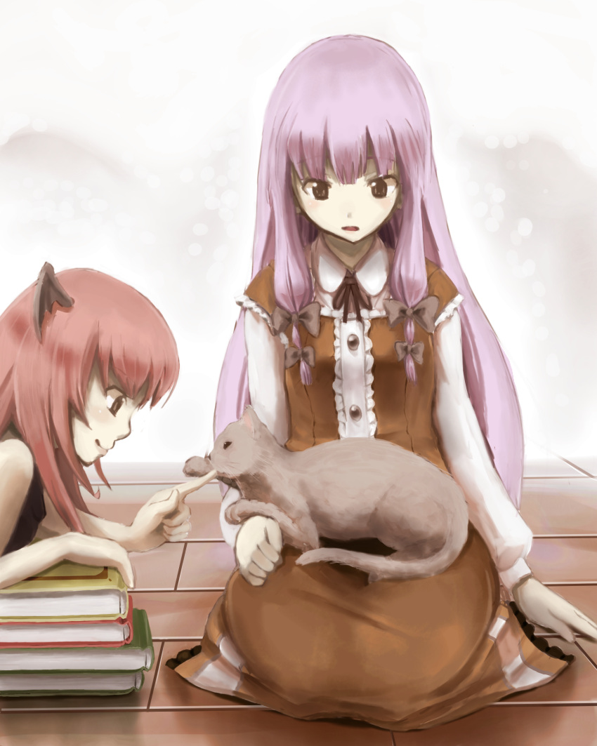 alternate_costume, arm_support, bare_shoulders, bat_wings, book, bow, cat, dress, floor, hadurin_(zdmzy), hair_bow, head_wings, highres, koakuma, long_hair, multiple_girls, no_hat, no_headwear, open_mouth, patchouli_knowledge, purple_hair, red_hair, redhead, ribbon, seiza, sitting, smile, tail, the_embodiment_of_scarlet_devil, touhou, wings