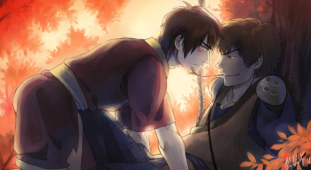 2boys, avatar:_the_last_airbender, avatar_legends, black_hair, blush, brown_hair, eye_contact, jet