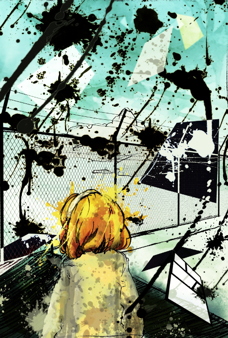 abstract, aqua_background, blonde_hair, cardigan, hairband, kise_yayoi, precure, samusou, short_hair, smile_precure!, solo, surreal