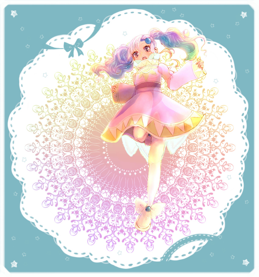 bow, curly_hair, dress, hair_ornament, highres, leg_up, long_hair, meredy