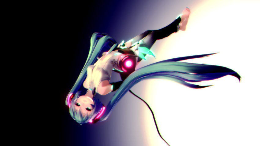 3d, anklet, aqua_eyes, aqua_hair, barefoot, belt, elbow_gloves, floating, gloves, hatsune_miku, hatsune_miku_(append), highres, jewelry, long_hair, looking_at_viewer, miku_append, mikumikudance, necktie, nerudora-p, solo, toeless_socks, toenail_polish, twintails, upside-down, very_long_hair, vocaloid, vocaloid_(tda-type_ver), vocaloid_append