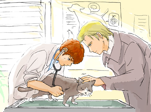 alternate_costume, amuro_ray, cat, char_aznable, doctor, gundam, labcoat, male