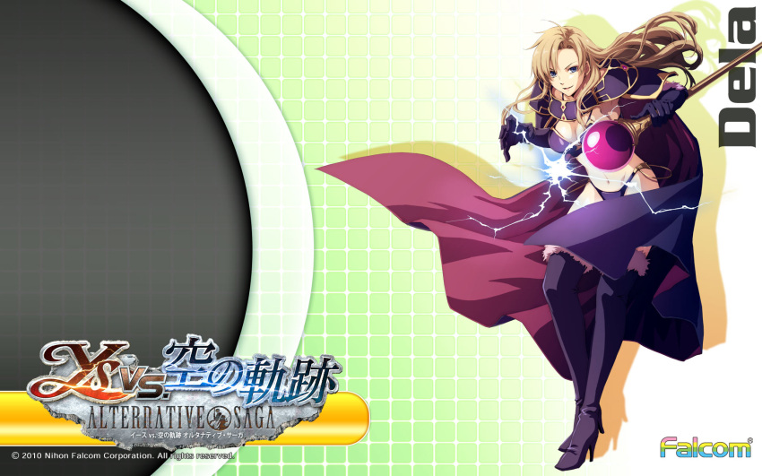 2010, black_legwear, blonde_hair, blue_eyes, boots, brandish, cape, character_name