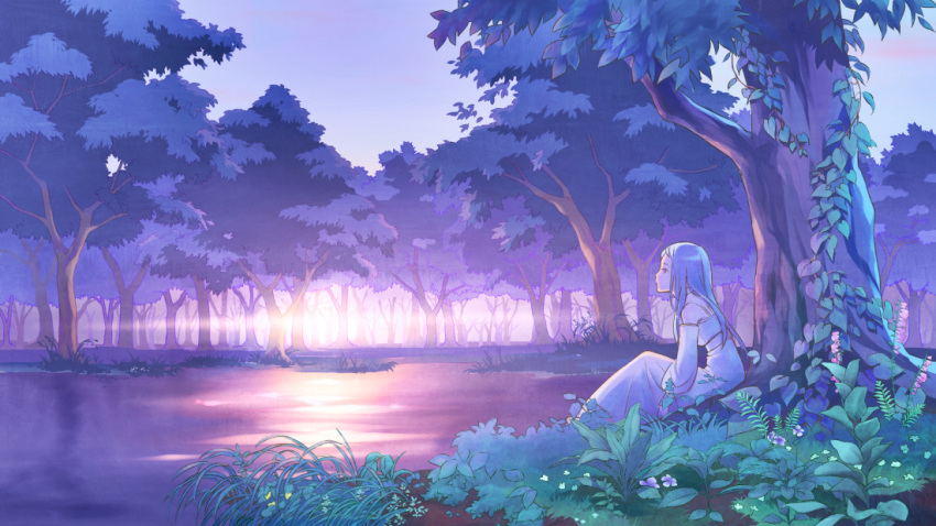 blue_hair, detached_sleeves, dress, flower, flower_request, forest, foxglove, grass, lake, landscape, lens_flare, long_hair, long_image, nature, original, outdoors, peso, reflection, river, scenery, sitting, sky, solo, sun, tree, water, white_dress, wide_image