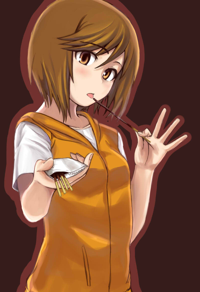 brown_eyes, brown_hair, eating, kinuhata_saiai, pocky, short_hair, solo, takenaka_koudai