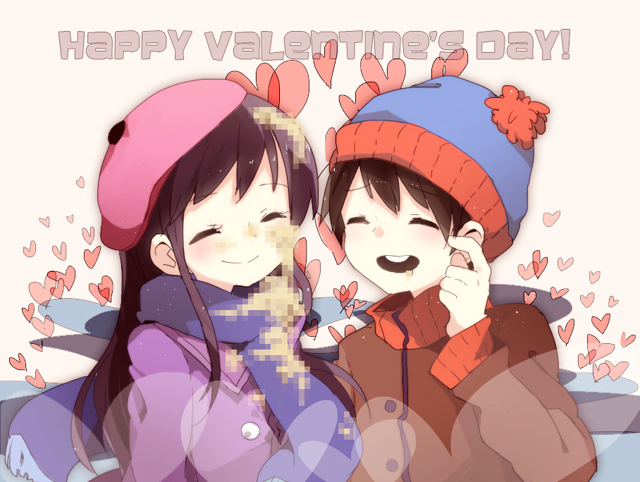 censored, coat, happy, happy_valentine, hat, heart, long_hair, scarf