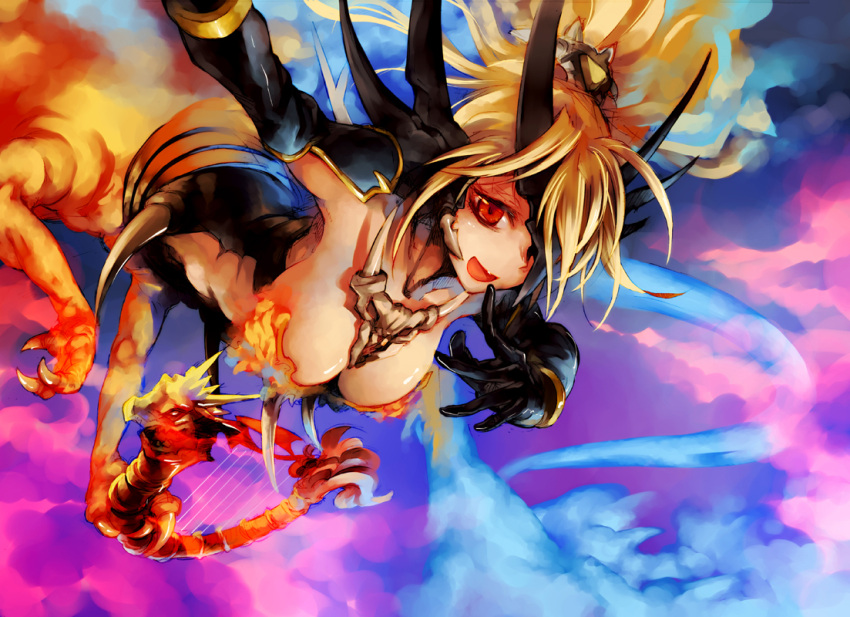 blonde_hair, breasts, cleavage, dragon, dragon_devil_queen_dragoon, gloves, ikuhana_niiro, queen_dragoon