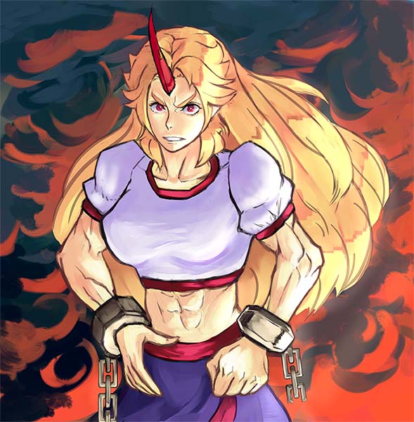 abs, annoyed, blonde_hair, cuffs, horn, horns, hoshiguma_yuugi, long_hair