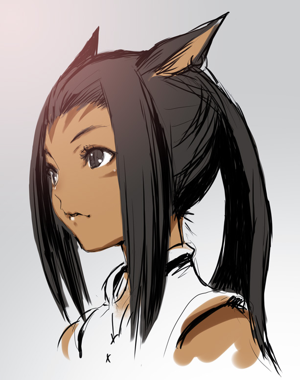 1girl, bangs, black_eyes, black_hair, bust, dark_skin, face, facial_mark