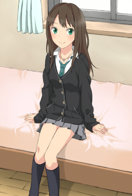 bed, blush, brown_hair, cardigan, green_eyes, idolmaster, idolmaster_cinderella_girls, jewelry