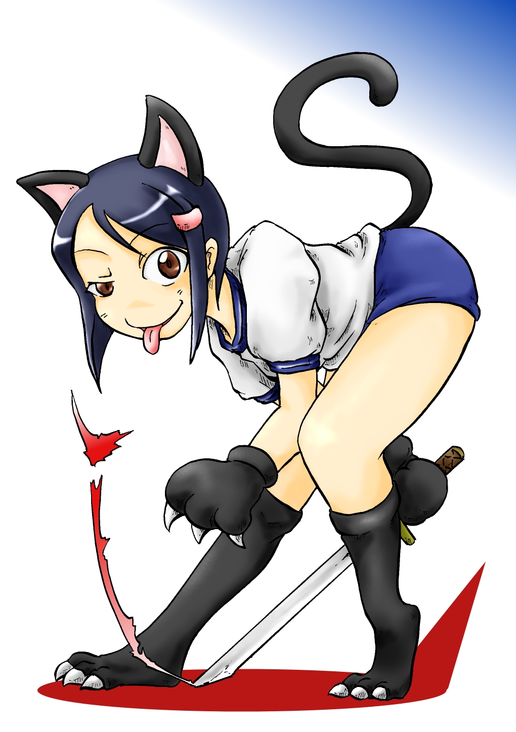 :p, animal_ears, bent_over, blue_hair, brown_eyes, buruma, cat_ears, cat_paws, cat_tail, cynthia_the_mission, hair_ornament, hairclip, highres, nakatsuka_yumiko, paws, raised_eyebrow, short_hair, solo, sword, tail, tongue, weapon