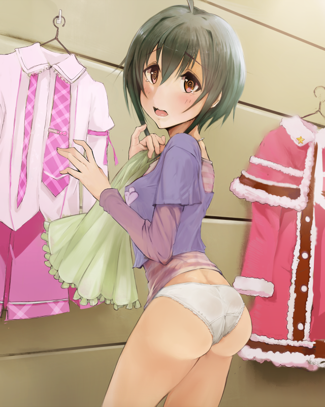 ahoge, ass, black_hair, blush, brown_eyes, idolmaster, idolmaster_cinderella_girls, kenshin