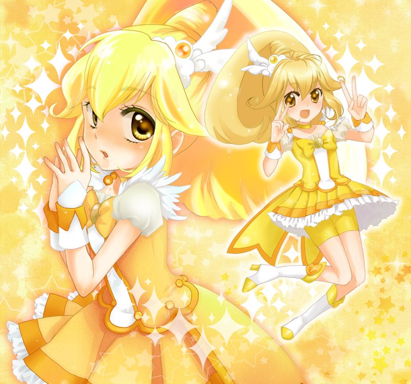 1girl, bike_shorts, blonde_hair, cure_peace, earrings, jewelry, kise_yayoi, long_hair