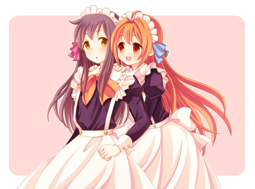 alternate_costume, black_hair, brown_eyes, dress, eiyuu_densetsu, enmaided, estelle_bright, falcom, genderswap, hair_ribbon, joshua_astray, long_hair, maid, maid_headdress, makosuke, multiple_girls, orange_hair, pink_background, ribbon, smile, sora_no_kiseki, yellow_eyes