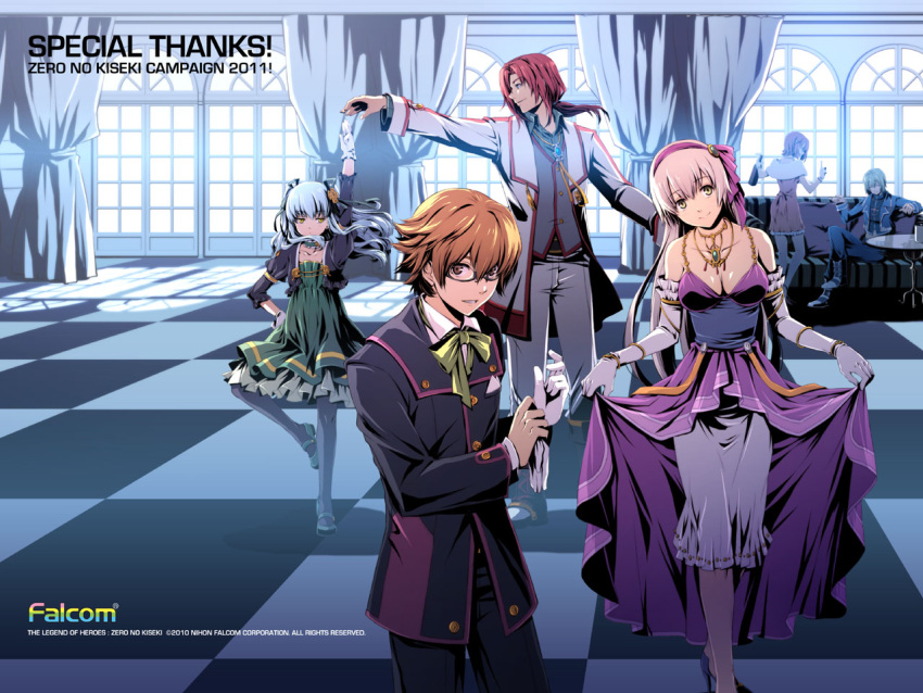 3boys, 3girls, alternate_costume, arm_up, bespectacled, black_legwear, blue_hair, bow