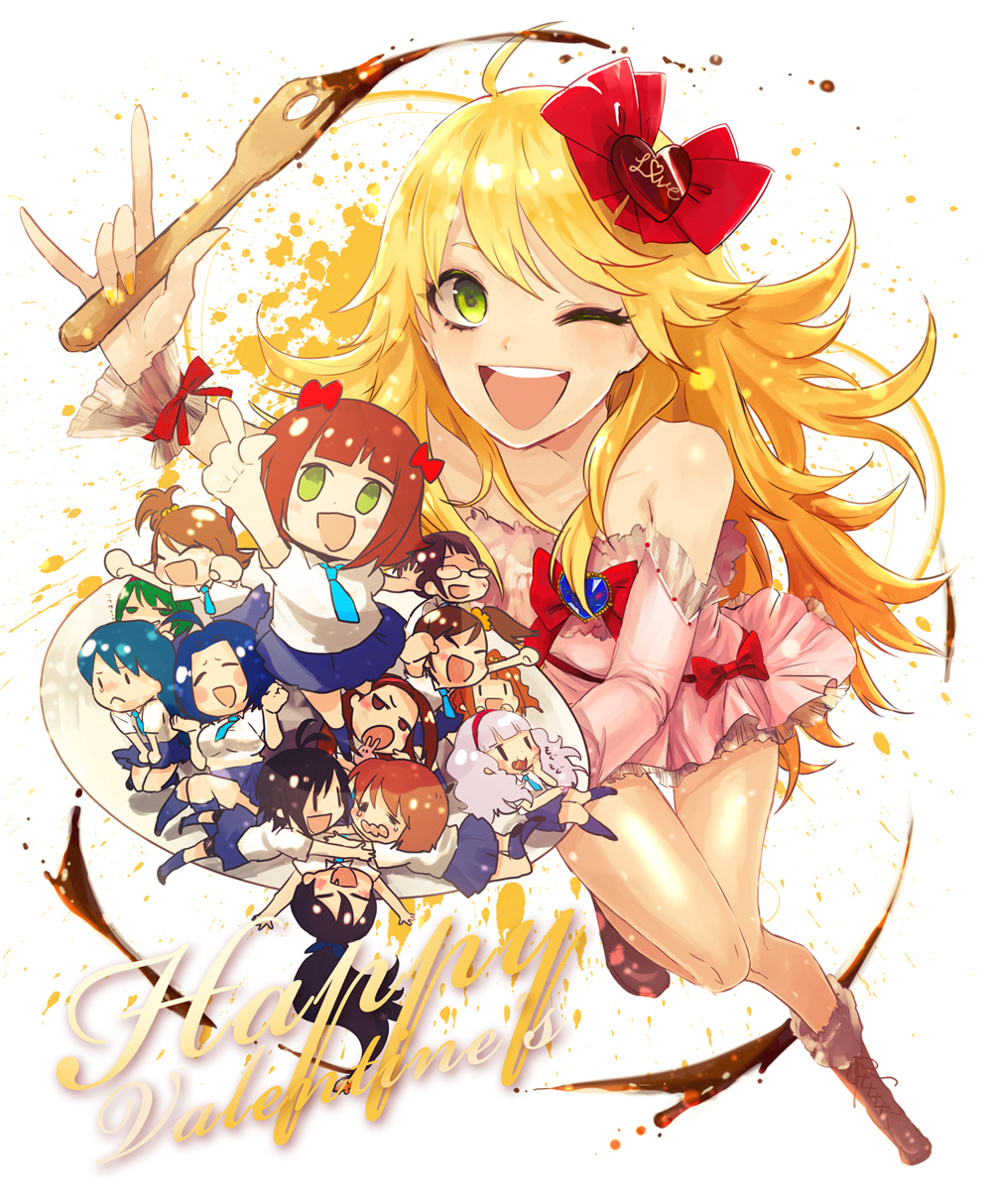 akizuki_ritsuko, amami_haruka, bare_shoulders, blonde_hair, bow, chibi, czc_(deko), dress, everyone, futami_ami, futami_mami, ganaha_hibiki, green_eyes, hagiwara_yukiho, hair_bow, hair_ornament, happy_valentine, highres, hoshii_miki, idolmaster, kikuchi_makoto, kisaragi_chihaya, long_hair, minase_iori, miura_azusa, open_mouth, shijou_takane, smile, takatsuki_yayoi, valentine, wink, wrist_cuffs