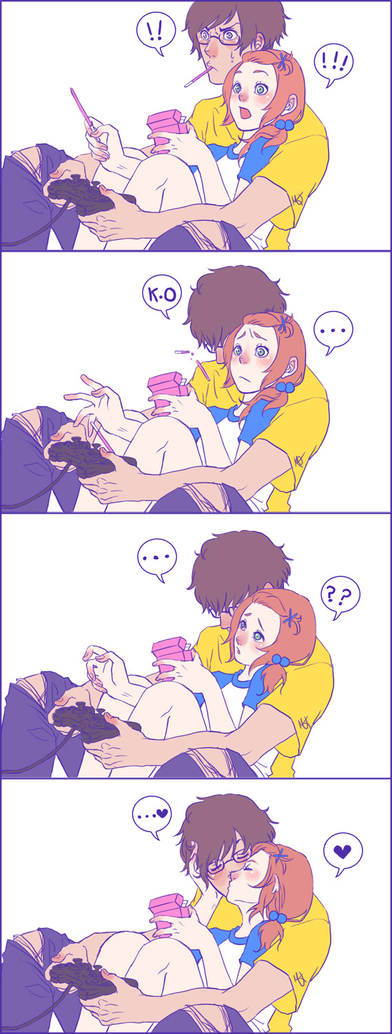 artist_request, blush, brown_hair, comic, couple, glasses, green_eyes, hair_bobbles, hair_ornament, heart, highres, hug, kiss, lap_sitting, playing_games, playstation_controller, pocky, raglan_sleeves, red_hair, redhead, short_hair, silent_comic, sitting, sitting_on_lap, sitting_on_person, spoken_heart