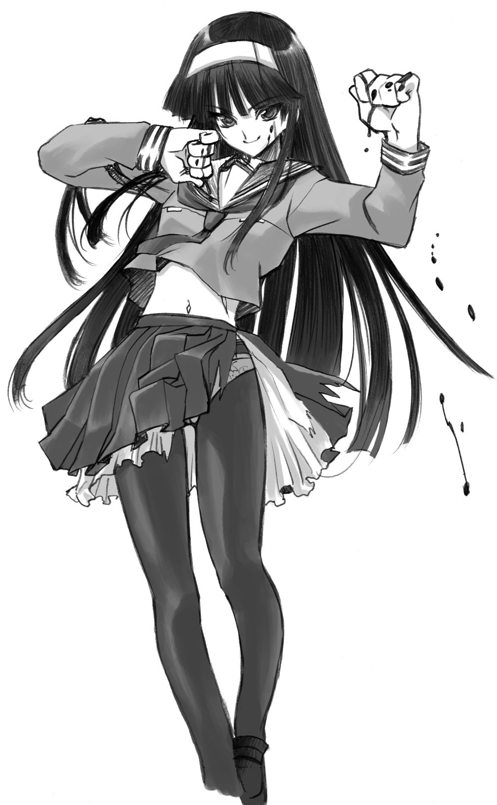 black_hair, blood, blood_on_face, cynthia_the_mission, fighting_stance, flat_chest, hairband, highres, kuga_araya, long_hair, midriff, monochrome, panties, panties_under_pantyhose, pantyhose, pleated_skirt, school_uniform, senomoto_hisashi, serafuku, skirt, solo, torn_clothes, torn_skirt, underwear