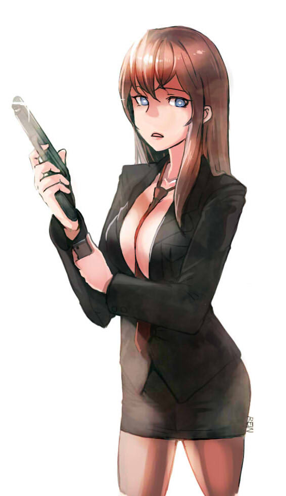 blue_eyes, breasts, brown_hair, cleavage, gun, long_hair, makise_kurisu, necktie