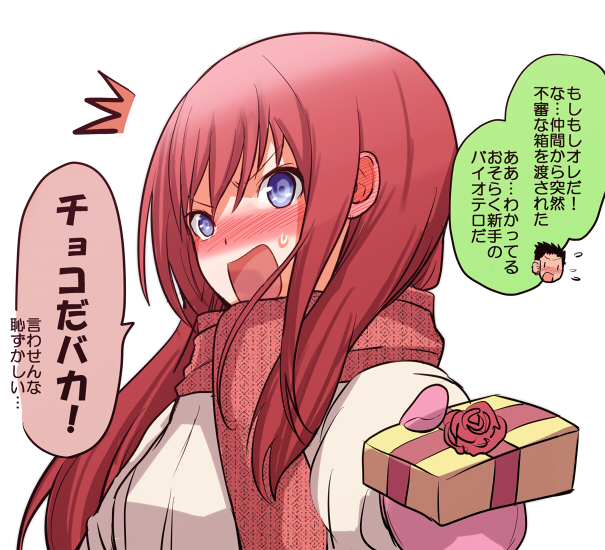 blush, brown_hair, gift, long_hair, makise_kurisu, mittens, open_mouth, scarf