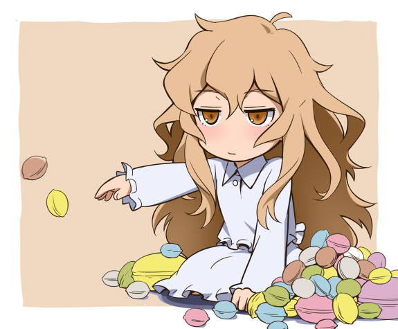 black_rock_shooter, blonde_hair, brown_eyes, chibi, dress, flat_gaze, food, izuriha_kagari