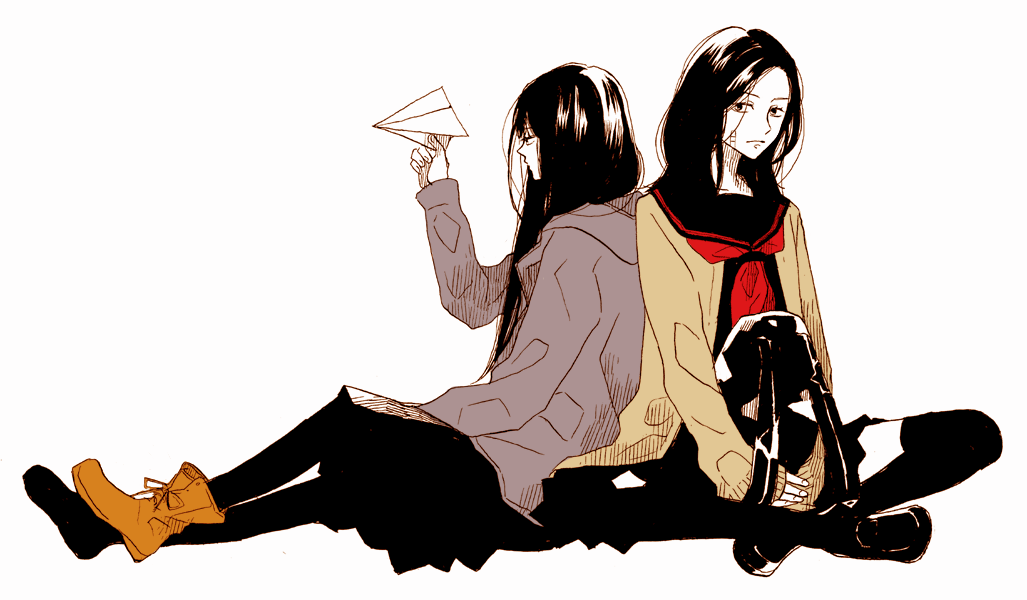 back-to-back, backpack, bag, bandaid, black_hair, black_legwear, center_(majisuka_gakuen), hoodie